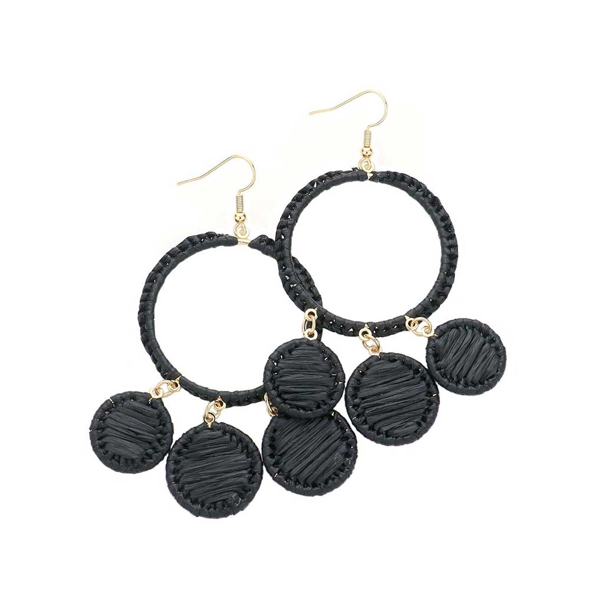 Black Woven Raffia Open Circle Triple Round Link Dangle Earrings. The Beautifully crafted design adds a glow to any outfit. Look like the ultimate fashionista with these swirl raffia triple round link earrings! Which easily makes your events more enjoyable. These earrings make you extra special on occasion. These swirl raffia round earrings enhance your beauty and make you more attractive. These dangle earrings make your source more interesting and colorful. 