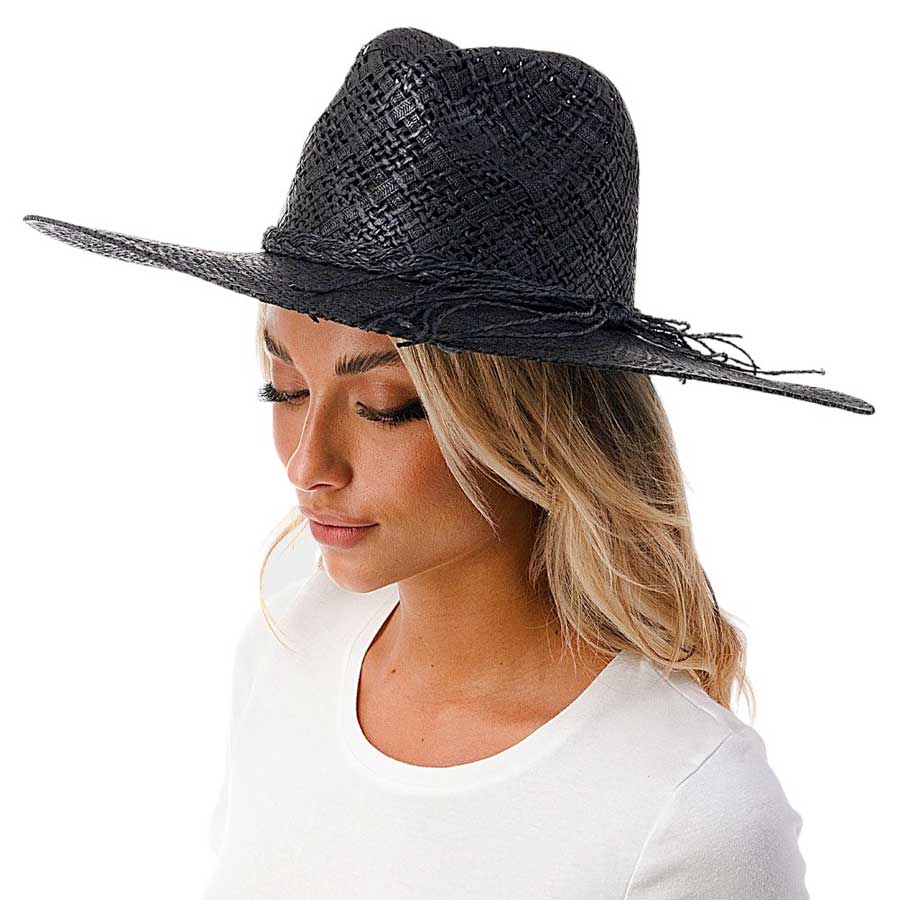 Black Woven Straw Panama Hat, Expertly crafted using high-quality straw, this Panama hat is the perfect accessory for any summer outfit. The woven design provides breathability and the classic Panama style adds a touch of elegance. Protect yourself from the sun in style. Perfect summer gift for fashion loving individuals.