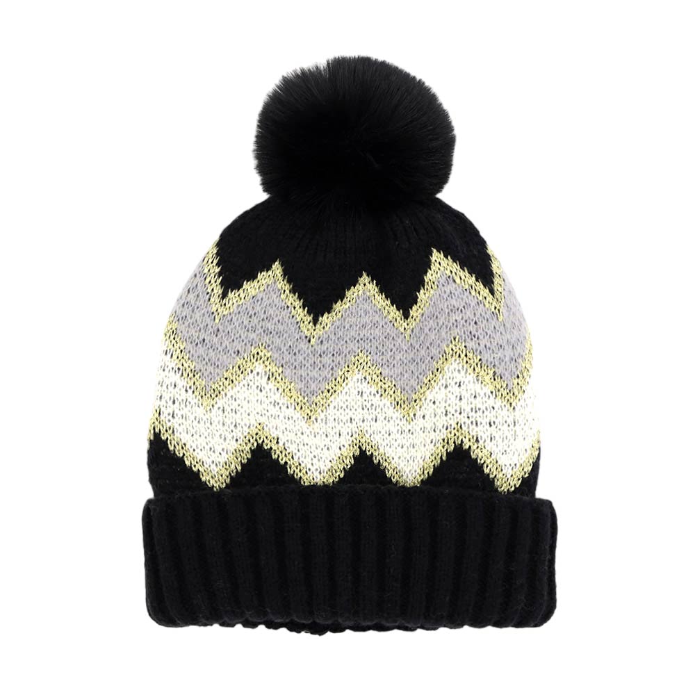 Black Zigzag Chevron Patterned Fuzzy Fleece Pom Pom Beanie Hat, wear this beautiful beanie hat with any ensemble for the perfect finish before running out the door into the cool air. An awesome winter gift accessory and the perfect gift item for Birthdays, Christmas, holidays, anniversaries, Valentine's Day, etc.