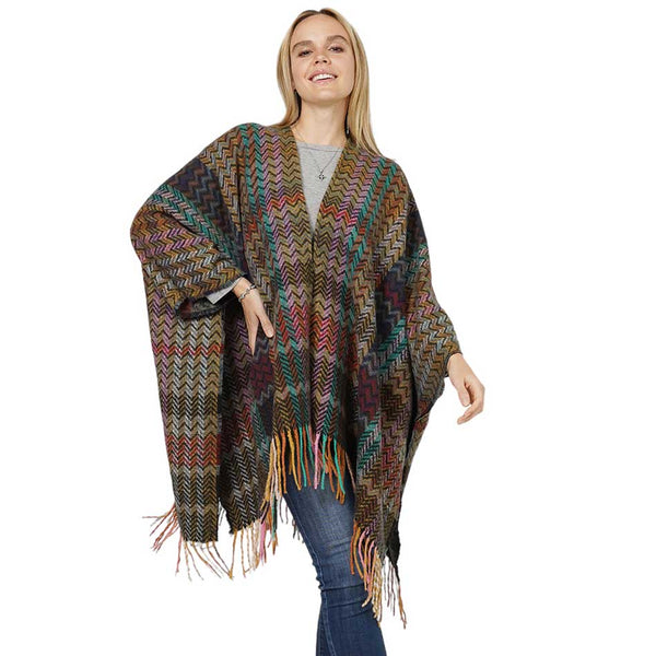 Black Zigzag Chevron Patterned Tassel Poncho, With the latest trend in ladies' outfit cover-up! the high-quality knit poncho is soft, comfortable, and warm but lightweight. It's perfect for your daily, casual, party, evening, vacation, and other special events outfits. A fantastic gift for your friends or family.