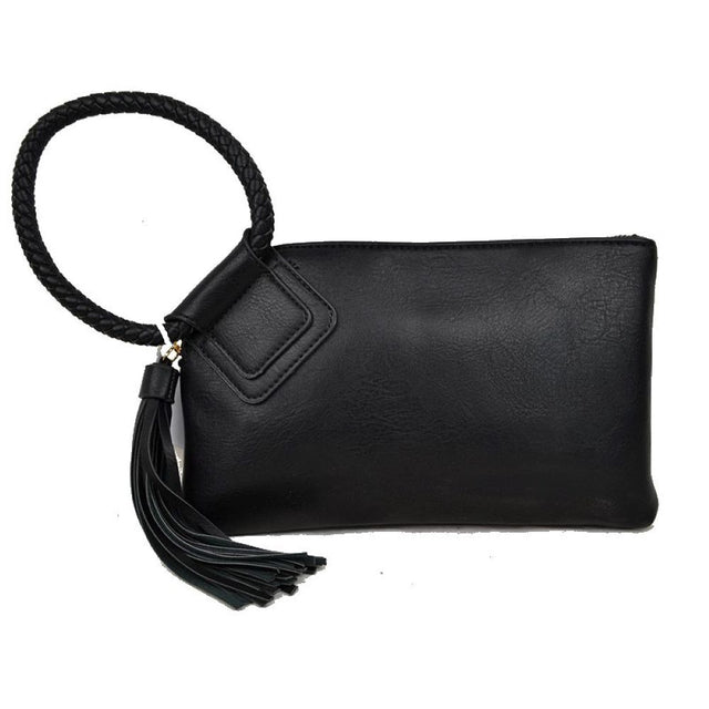 Black This compact clutch features a clean, rectangular design with a textured surface, making it an elegant choice for everyday use. The main zippered storage compartment along the top edge keeps daily essentials securely enclosed. For carrying convenience, the piece is designed with a distinctive circular braided wrist strap attached to a stitched square accent panel. A long, hanging tassel ornament completes the look, adding a flowing decorative element to this practical handbag.