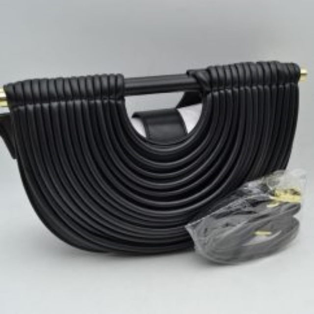Black This statement clutch bag features an eye-catching half-moon silhouette accented with concentric tubular stitching across the body. Designed with an integrated top bar handle with metallic end caps, it offers a distinct, modern look suitable for evening or special occasions. A center tab closure secures your essentials, while an included detachable shoulder strap provides convenient options for hands-free crossbody or shoulder carrying.