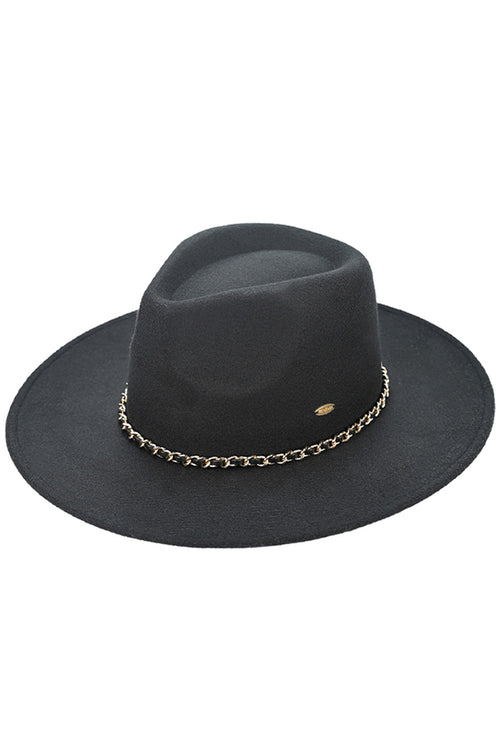 C.C Chain Trim Band Vegan Felt Panama Hat - Black