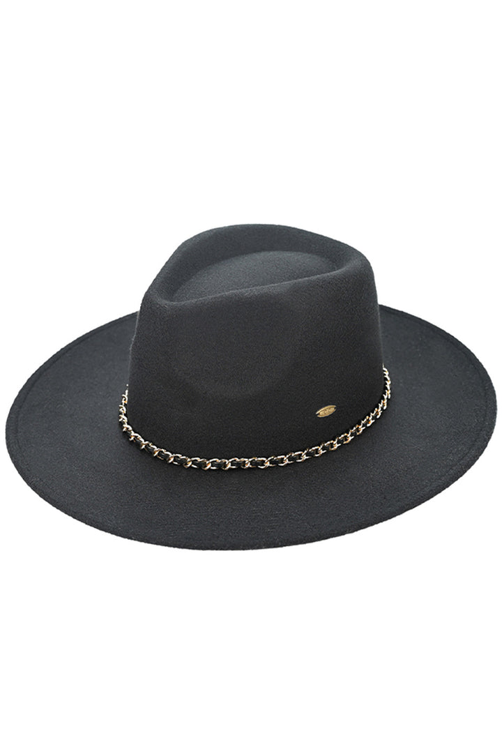 Black C.C Chain Trim Band Vegan Felt Panama Hat is a stylish and sustainable accessory. Made with vegan felt, it features a trendy chain trim band for added flair. Protect your skin from the sun while making a fashion statement.
