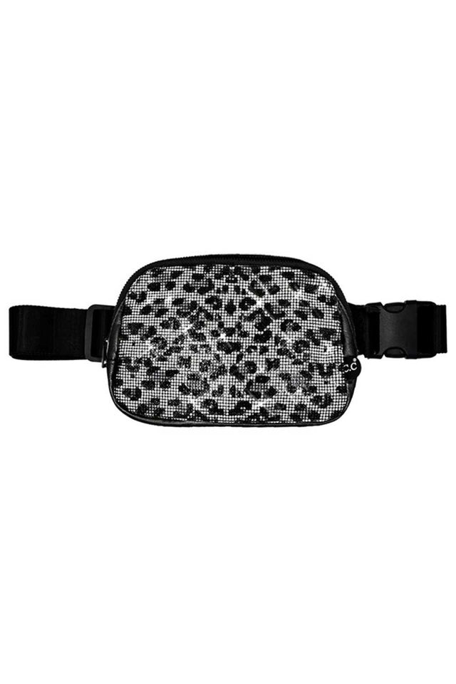 Black Elevate your everyday carry with this eye-catching C.C Animal Print Rhinestone Crossbody Fanny Pack. Featuring a bold animal print design adorned with sparkling rhinestones, this compact pack combines style with functionality. The durable 50% PU and 50% polyester blend ensures lasting wear, while the crossbody strap keeps your essentials secure and hands-free. Perfect for festivals, travel, or casual outings, this 8.75" x 6" x 2" pack offers just enough space for your phone, keys, and small accessorie