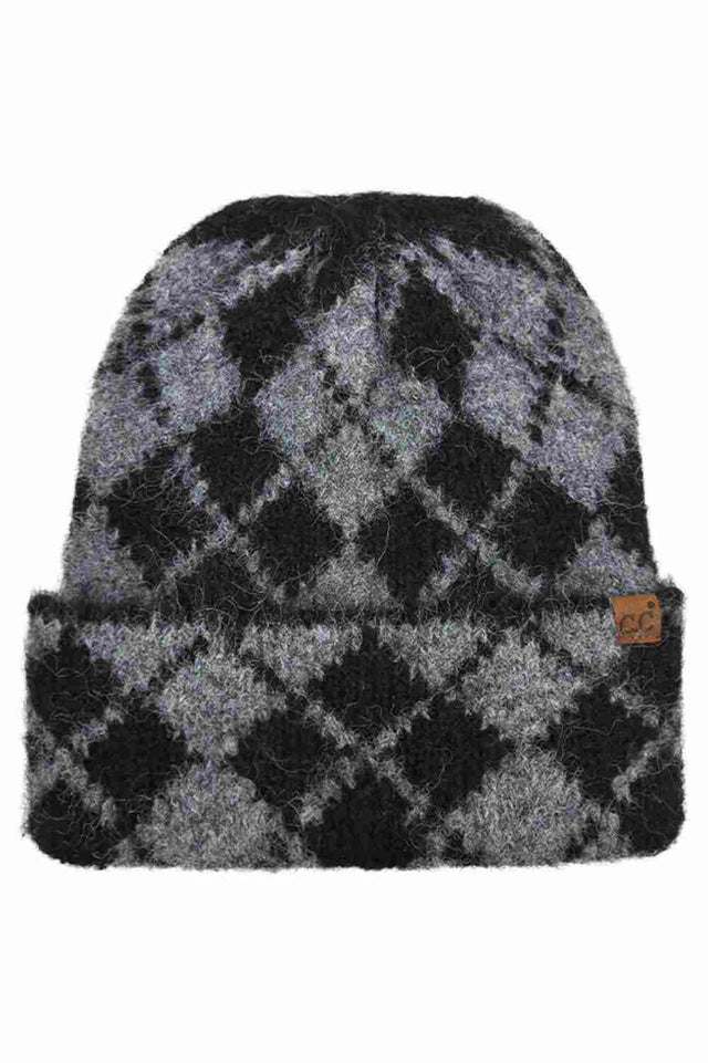 Black C.C Argyle Pattern Cuff Beanie Winter Hat features a classic argyle knit design with a cozy cuff for a timeless cold-weather look. Made with a soft stretch fit, it delivers warm comfort while adding subtle style to your everyday winter outfits.