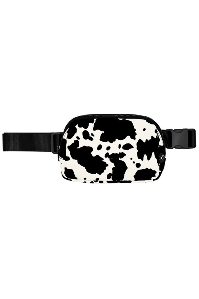 Black Carry your essentials in style with this playful C.C Cow Pattern Fanny Pack. Featuring a bold black and white cow print design, this versatile pack is perfect for hands-free convenience whether you're running errands, traveling, or enjoying outdoor activities. Crafted from durable 100% nylon, it's built to withstand daily wear and tear.