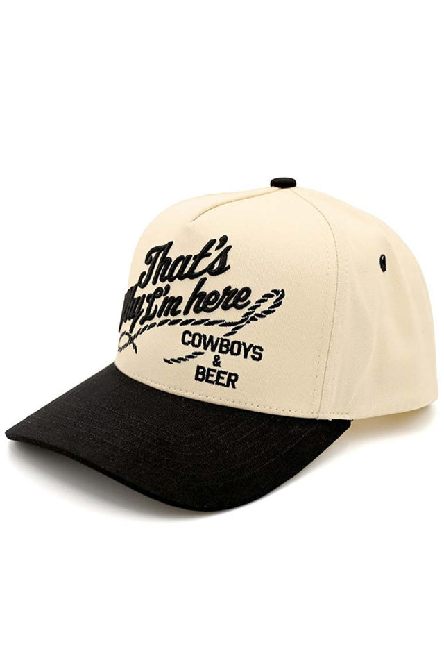 Black Show off your laid-back country attitude with this C.C “THAT’S WHY I’M HERE COWBOYS &amp; BEER” embroidered cotton trucker cap, featuring bold lettering that makes a fun statement. Designed with a breathable mesh back and adjustable snapback closure, it delivers all-day comfort for rodeos, tailgates, and casual everyday wear.