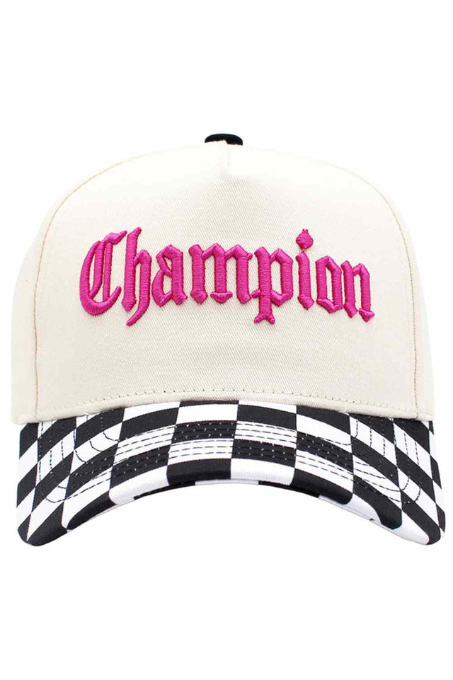 Black Classic baseball cap featuring the iconic CHAMPION embroidered letter on the front. The checkered brim adds a distinctive touch to this timeless style. Crafted from 100% cotton for breathability and comfort, perfect for everyday wear or outdoor activities. One size fits most. A versatile accessory that pairs effortlessly with casual outfits.