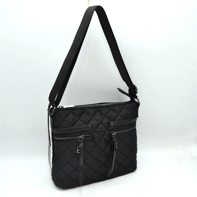 Black Crafted from lightweight, water-resistant quilted nylon, this classic crossbody bag is designed to keep up with your busy schedule. Featuring a sleek diamond-quilt pattern and polished silver-tone hardware, it transitions seamlessly from morning errands to casual evening outings.