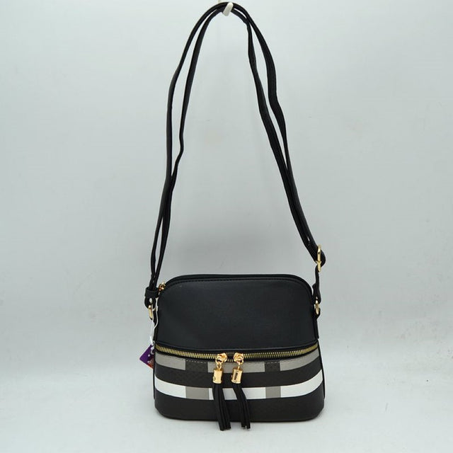 Black This compact crossbody bag features a structured dome silhouette with a smooth upper half and a bold plaid pattern across the lower section, making it an excellent choice for everyday use. It offers multiple storage compartments, including a secure top-zippered main opening and a secondary front-zippered pocket embellished with dual gold-tone pulls and hanging tassels. A long, slender adjustable shoulder strap connects via metallic side rings