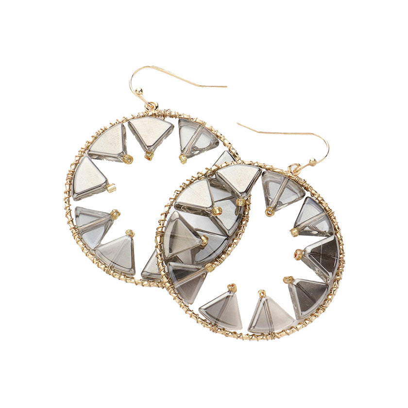 AB-Triangle Beads Embellished Open Circle Dangle Earrings, Perfect statement piece for any outfit. Made with high-quality materials and intricate design, they offer a unique and elegant touch to your look. The open circle dangle adds movement and style, while the triangle beads bring a touch of glamour.