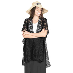 Black Flower Leaf Patterned Lace Cover Up Kimono Poncho, this flower leaf cover-up kimono is Soft, Lightweight, and breathable fabric, close to the skin, and comfortable to Wear. Suitable for Work, Holidays, beaches, clubs, Evenings, Casual and Other Occasions. Perfect Gift for a Wife, Birthday, Holiday, or Fun Night Out.