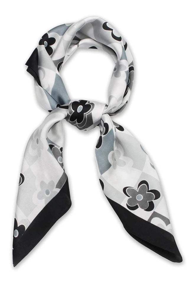 Black Elevate your accessory game with this stunning satin square scarf featuring a beautiful flower and checker print design. Crafted from 100% polyester, this luxurious scarf offers a smooth, lustrous finish that drapes elegantly around your neck, shoulders, or hair. The generous 27.5" x 27.5" size provides versatility for countless styling options wear it as a classic neck scarf, headwrap, or even as a chic bag accent.