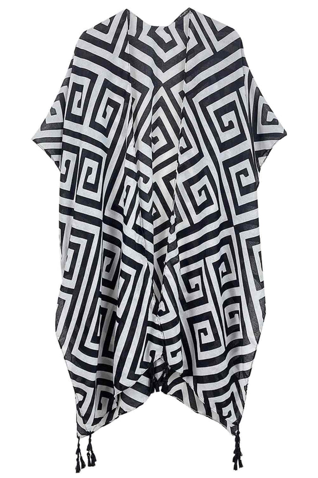 Black Elevate your wardrobe with this stunning Geometric Pattern Print Tassel Kimono. Crafted from 100% polyester, this lightweight piece features a bold geometric design and decorative tassels for an effortless, bohemian-inspired look. Perfect for layering over dresses, tanks, or casual outfits, it adds instant style and dimension to any ensemble. With generous dimensions of 35.4" x 35.4", it drapes beautifully on all body types. Ideal for beach days, festivals, or relaxed everyday wear.