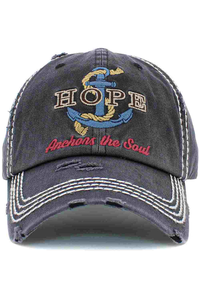 Black HOPE ANCHORS THE SOUL Vintage Distressed Baseball Cap features a beautifully worn-in look with inspirational embroidery that adds meaning to everyday style. Crafted for comfort with a relaxed fit and adjustable strap, it’s perfect for casual outings while sharing a positive message wherever you go.