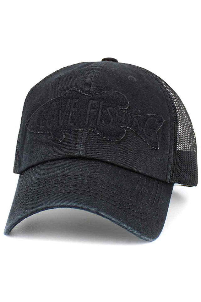 Black Show off your passion for the great outdoors with this “I LOVE FISHING” mesh back baseball cap, designed with a bold front graphic and a classic curved brim. The breathable mesh back and adjustable snap closure keep you cool and comfortable on long fishing trips, hikes, or everyday casual wear.