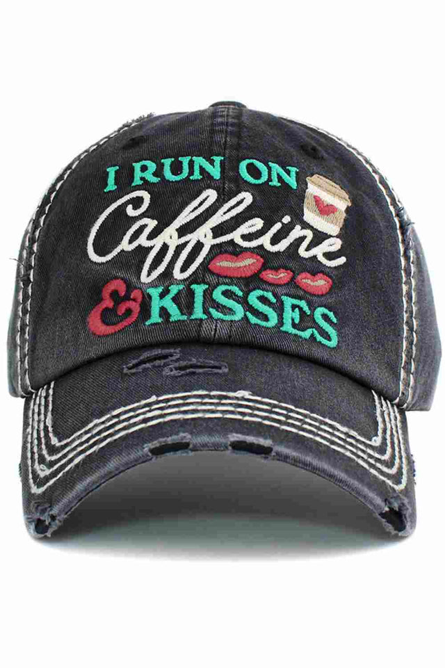 Black Fuel your day in style with the I Run on Caffeine vintage distressed cap, featuring a perfectly worn-in look and bold embroidered slogan. Made for comfort and everyday wear, this relaxed-fit cap adds a fun, laid-back vibe to casual outfits, errands, or coffee runs.