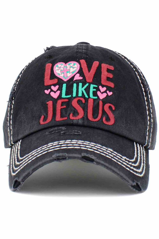 Black LOVE LIKE JESUS Vintage Distressed Cap features a beautifully worn-in finish with meaningful lettering that adds heartfelt style to any casual look. Designed with a comfortable relaxed fit and adjustable back strap, it’s perfect for everyday wear while sharing a positive message wherever you go.