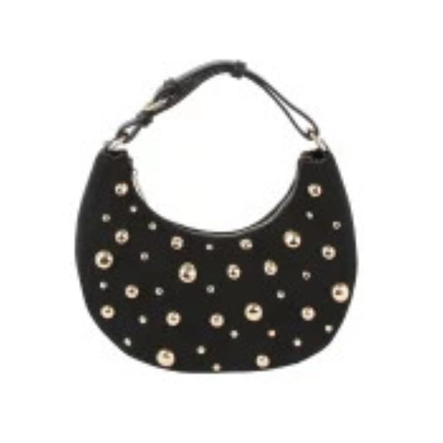 Black This crescent-shaped handbag features a curved silhouette adorned with scattered, multi-sized metallic studs across the front surface. It is designed with a single, matching top handle attached via hardware rings, which includes integrated loops suggesting an adjustable style for versatile carrying. The top opening follows the contoured shape of the bag, providing access to the main storage compartment to keep everyday essentials secure.