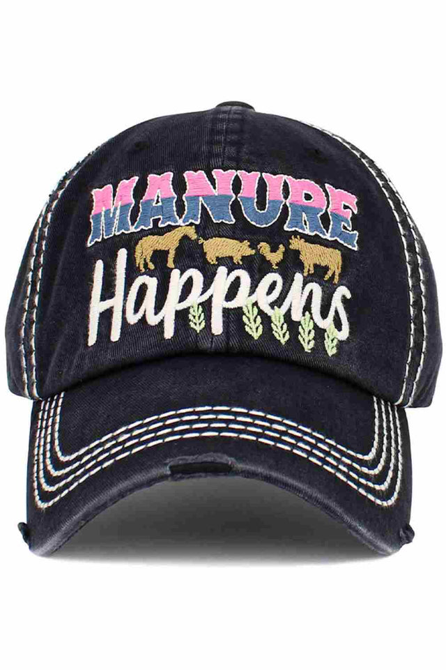 Black The MANURE HAPPENS vintage baseball cap features a humorous slogan paired with a washed, distressed look for laid-back, rustic style. Designed for comfort with an adjustable fit, it’s perfect for farm life, outdoor work, or casual everyday wear.