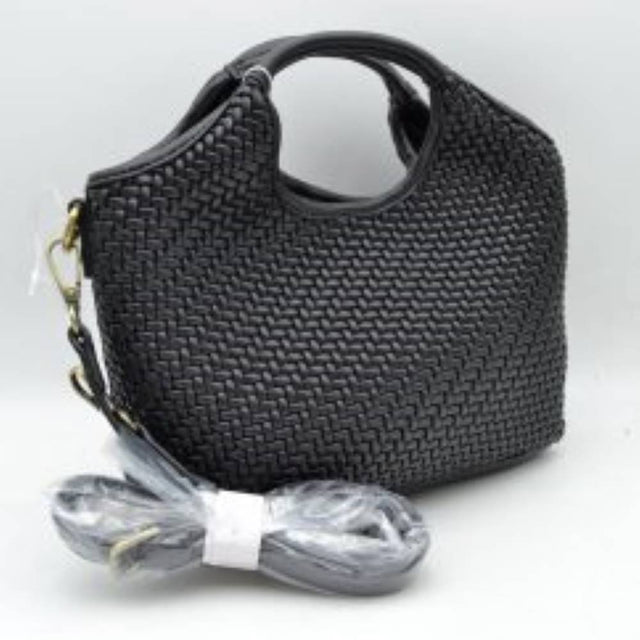 Black Elevate your everyday style with this versatile woven handbag, designed to seamlessly transition from mornings on the go to casual evenings out. Featuring a unique basket-weave texture that adds a touch of sophisticated craftsmanship, this bag balances a modern silhouette with timeless appeal. It is crafted with integrated, cut-out top handles for a sleek look, and it includes a detachable, adjustable shoulder strap that allows you to effortlessly switch between a classic handbag, a relaxed shoulder b