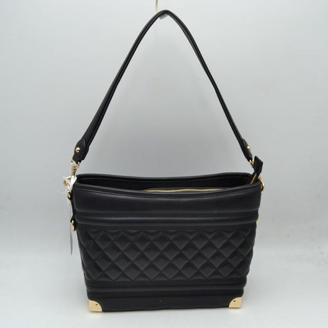 Black This everyday shoulder bag features a structured silhouette highlighted by a quilted diamond pattern across the lower midsection and horizontal stitched ridges. Designed for practical daily use, it is equipped with a single flat shoulder strap secured to the sides by hardware attachments.