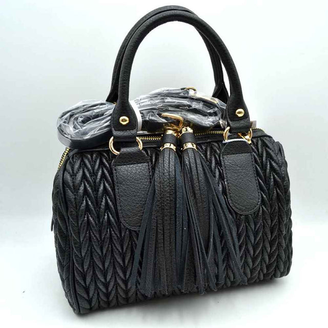 Black Add an upscale, high-texture statement to your accessory collection with this beautifully crafted structured satchel bag. Combining a sophisticated, textured body with playful design accents, this handbag brings a perfect blend of modern elegance and day-to-night versatility to any outfit.