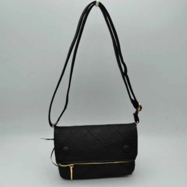 Black This stylish crossbody bag features a textured pebbled finish with a diamond-quilted stitch design and a foldover flap construction. It is designed with functional storage compartments, including a bottom front section secured by a gold-tone zipper with an elegant metallic pull tab. Equipped with a long, slender adjustable shoulder strap, this versatile bag offers convenient, hands-free carrying for everyday use or casual outings.