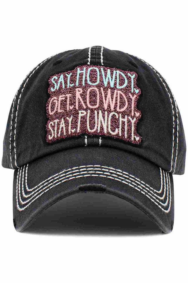 Black SAY HOWDY Vintage BaseCap brings a classic, worn-in look with timeless Western attitude, perfect for everyday casual wear. Designed for comfort and easy styling, it pairs effortlessly with jeans, tees, and laid-back outfits for an effortlessly cool vibe.