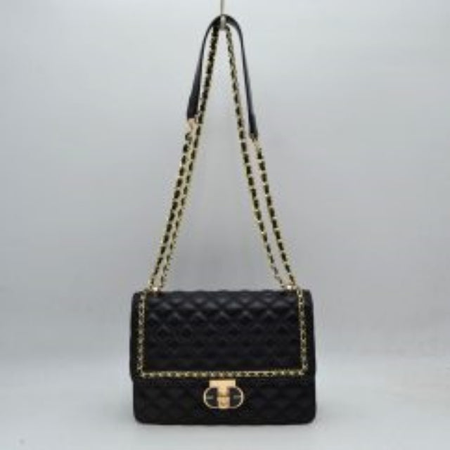 Black This sophisticated shoulder bag features a classic diamond-quilted pattern with fine chain trim detailing along the border of the foldover flap. Designed with a structured rectangular silhouette, it secures with a polished metallic twist-lock closure on the front. Equipped with a dual woven chain strap, it allows for versatile shoulder carrying or hands-free crossbody wear.