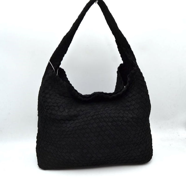 Black This relaxed, slouchy shoulder bag showcases a beautifully textured, fully woven exterior in a classic checkerboard style. It is designed with a spacious, scooped hobo silhouette that naturally molds to the body for comfortable daily wear. The wide, integrated shoulder strap extends seamlessly from the side panels, ensuring durable carrying capacity while maintaining a clean, hardware-free aesthetic suitable for both casual and smart-casual ensembles.