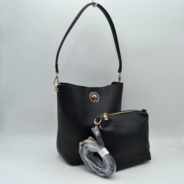 Black Streamline your daily coordination with this sophisticated and highly versatile handbag set. The main bucket bag features a premium pebbled exterior finish that handles daily use with ease while maintaining an elegant, structured silhouette. A polished, circular metallic turn-lock accent sits prominently on the front, providing an upscale focal point. This functional piece comes paired with a matching