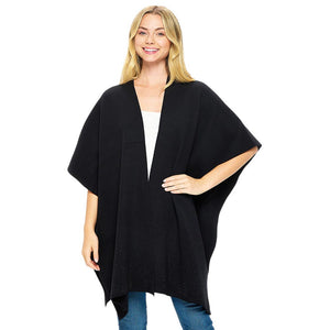 Black Jet Bling Solid Ruana Poncho is a fashionable outfit. Crafted with a soft, luxurious  blend of 50% viscose, 25% nylon, and 25% polyester, this poncho provides a superior level of comfort and warmth. The one size fits all construction adds to its versatility. An essential piece for your wardrobe for winter season.