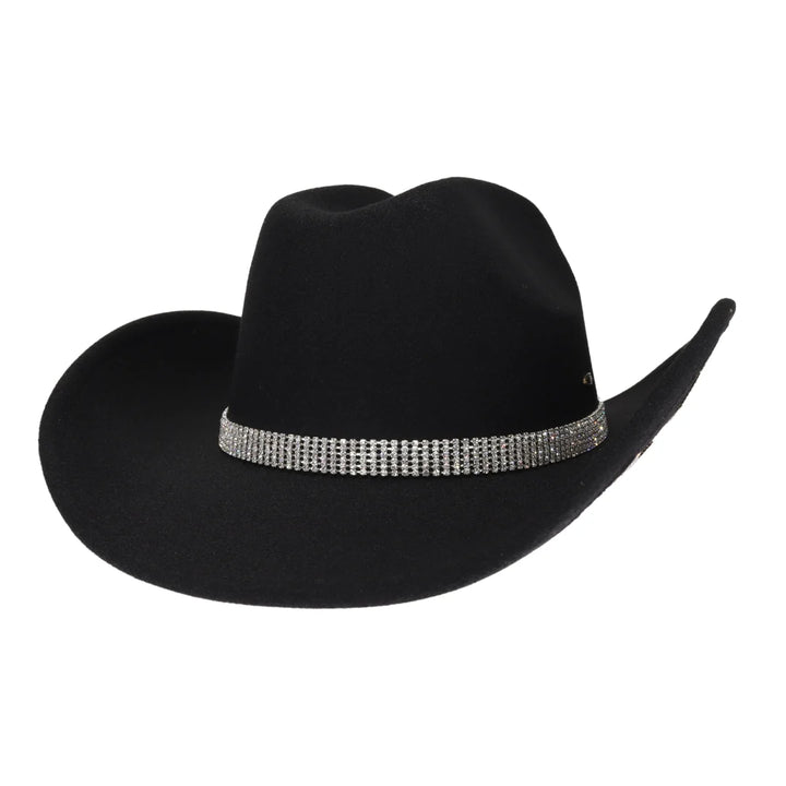 Black-C.C American Flag Theme Star Stone Vegan Felt Cowboy Hat is expertly crafted with vegan felt materials and adorned with an American flag themed star stone. The result is a stylish and eco-friendly cowboy hat that allows you to proudly express your patriotism. Designed for comfort and durability.
