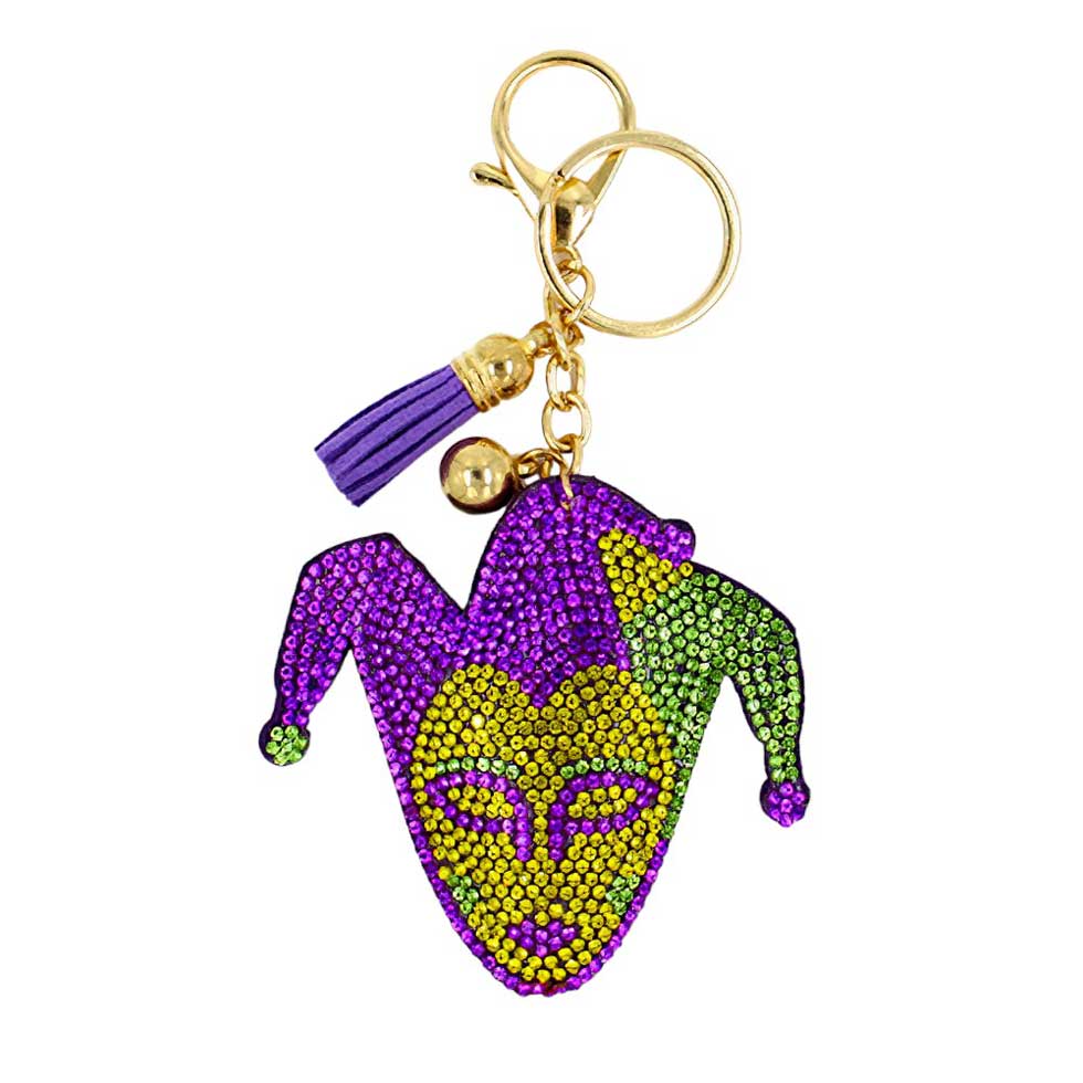 Bling Mardi Gras Jester Key Chain, This stunning keychain is a must-have accessory for any party-goer or festival lover. With its eye-catching design and sparkling bling, it's the perfect way to show off your festive spirit while keeping your keys organized. Add a touch of flair to your everyday routine with this.