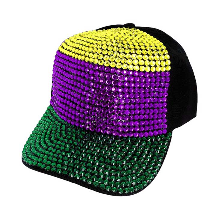 Bling Studded Mardi Gras Baseball Cap, Add some sparkle to any Mardi Gras outfit. Featuring a bold and festive design, this cap is sure to make a statement. The cap is adorned with shining studs, adding a touch of glamour to your celebration. Perfect for any Mardi Gras party or parade or attending a carnival.