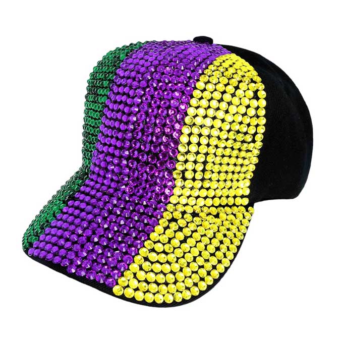Bling Studded Mardi Gras Baseball Cap, Add some sparkle to any Mardi Gras outfit. Featuring a bold and festive design, this cap is sure to make a statement. The cap is adorned with shining studs, adding a touch of glamour to your celebration. Perfect for any Mardi Gras party or parade or attending a carnival.