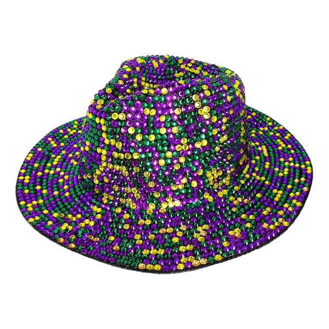 Multi Bling Studded Mardi Gras Fedora Hat, Add some sparkle and style to your Mardi Gras ensemble with this. Perfect for any festive occasion, this hat features eye-catching studs that will make you stand out in the crowd. With its trendy fedora design, this hat is a must-have accessory for any fashion-forward individual.