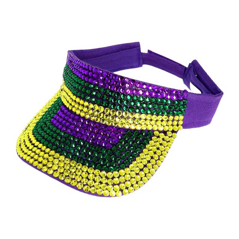 Bling Studded Mardi Gras Visor Hat, Upgrade your Mardi Gras outfit with our stylish Visor Hat! Its eye-catching design and sparkling studs will make you stand out in the crowd. Protect your eyes from the sun while adding a touch of glamour to your look. Perfect for any Mardi Gras celebration.