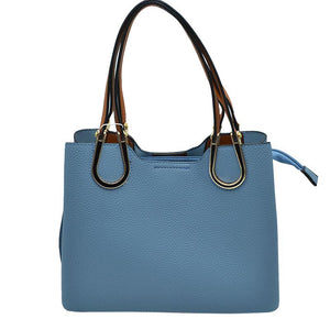 Blue Textured Faux Leather Horseshoe Handle Women's Tote Bag, featuring an eye-catching textured faux leather exterior and a horseshoe-shaped handle. The bag has a spacious interior, perfect for days when you need to carry a lot of items. Its structure and design ensure that your items will stay secure even on the go.