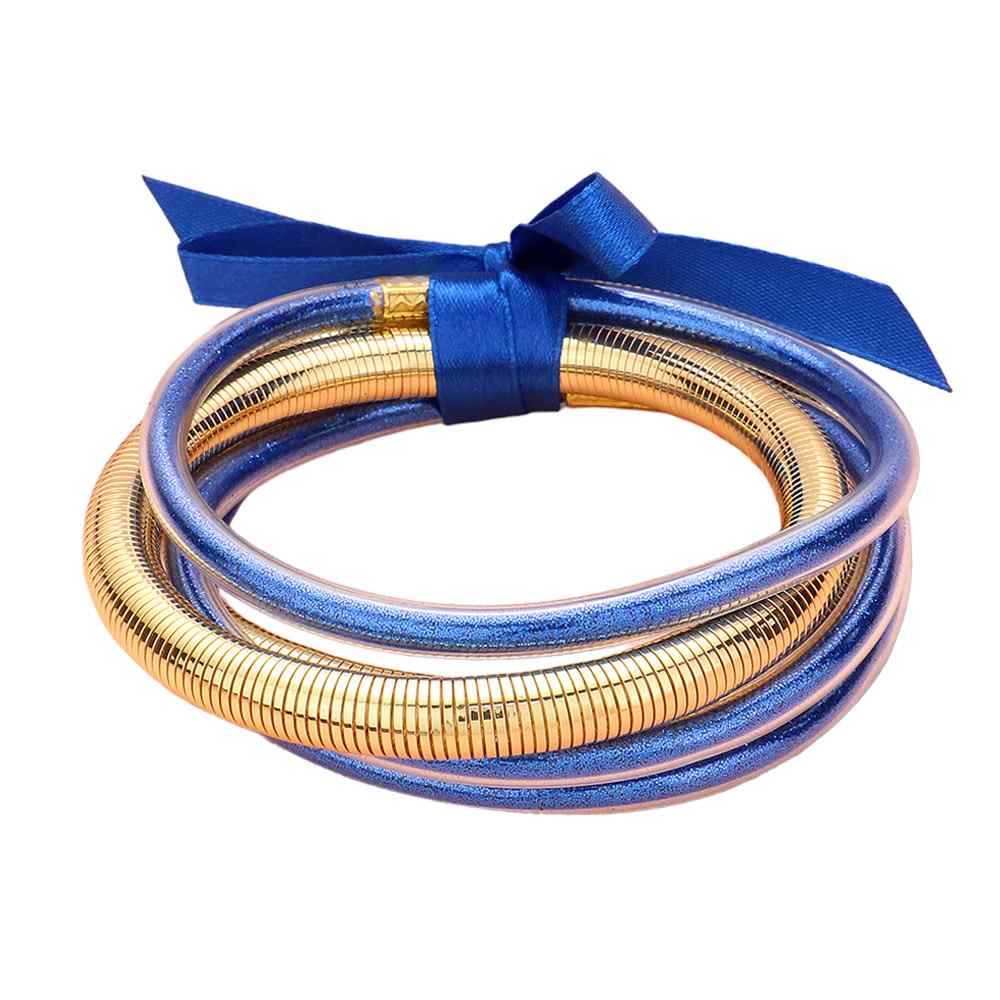 Blue 5PCS Glitter Jelly Tube Metal Elastic Layered Bracelets made with high-quality materials. The elastic design ensures a comfortable fit for all wrist sizes. 