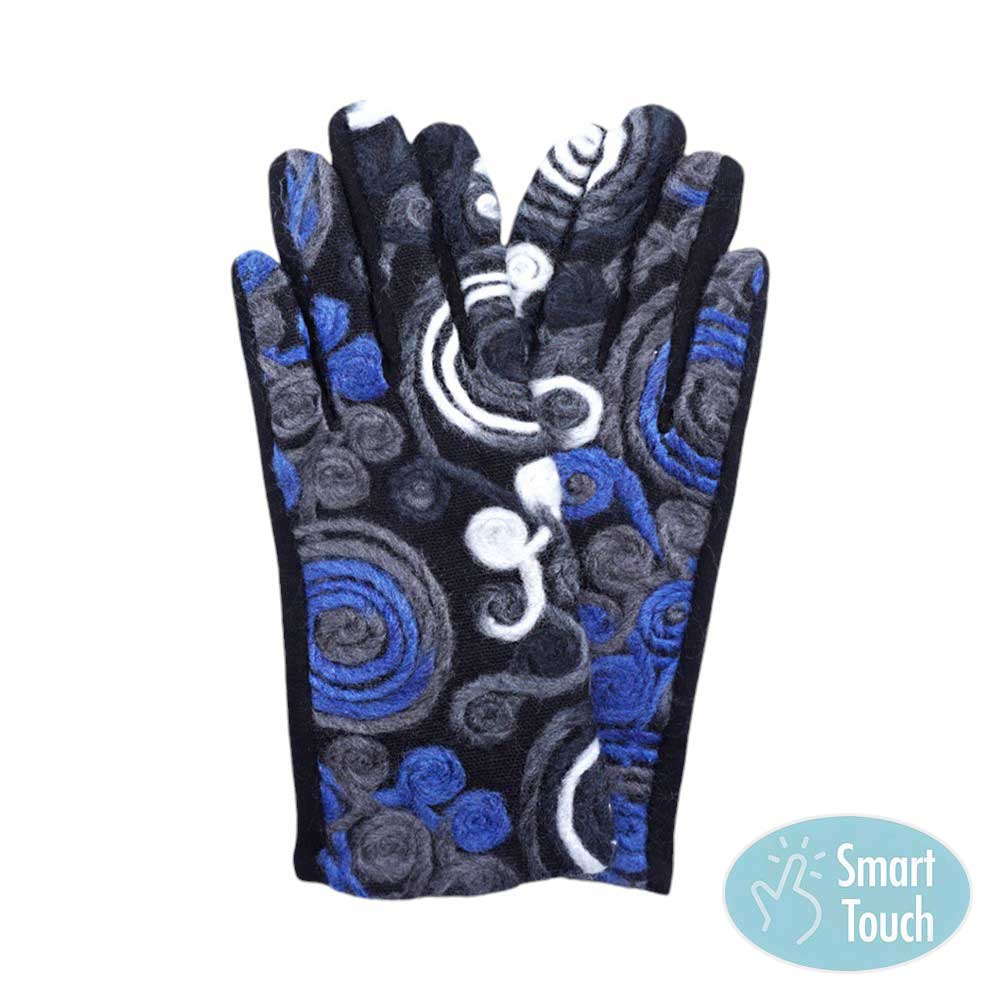 Blue Abstract Swirl Yarn Embroidered Smart Touch Gloves, Keep your hands warm and stylish! These gloves feature a unique abstract yarn design and smart touch technology, allowing you to use your phone, tab, or any touch-sensitive devices without taking off your gloves. Stay connected and cozy with these must-have gloves.