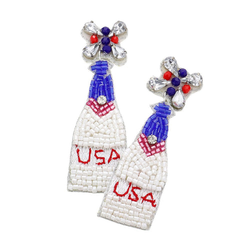 American USA Beaded Champagne Dangle Earrings - Blue