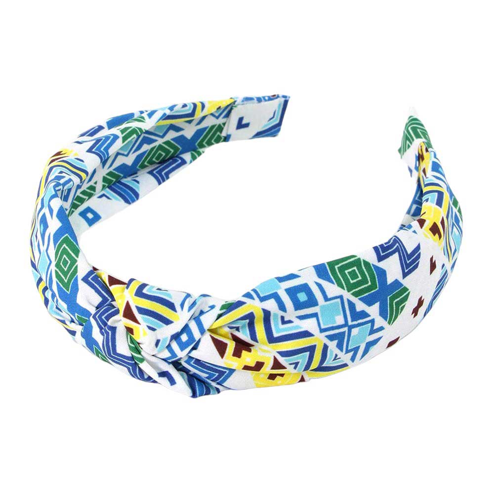 Blue Aztec Patterned Burnout Knot Headband is expertly crafted and features a unique design. Its trendy Aztec pattern and comfortable knot design are perfect for adding a touch of style to any outfit. Made with high-quality materials, it provides both functionality and fashion.