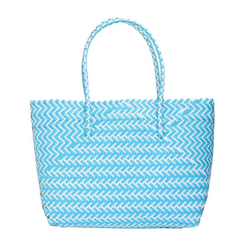 Blue Basket Woven Tote Bag Beach Bag is as functional as it is stylish. With a basket weave design, it's perfect for carrying all your beach essentials. The durable material ensures this bag will last for multiple seasons. Keep your belongings secure and in style with this tote bag.