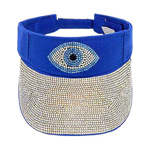 Blue Bling Evil Eye Accented Visor Hat, keep your styles on even when you are relaxing at the pool or playing at the beach. Large, comfortable, and perfect for keeping the sun off of your face and neck. Ideal for travelers who are on vacation or just spending some time in the great outdoors.