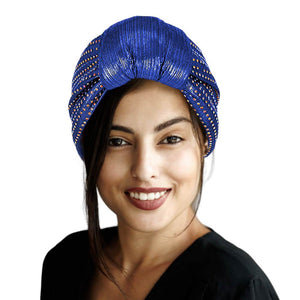 Blue Bling Turban Hat, this stylish hat is sure to turn heads. Crafted using premium materials, the hat features a modern design with sparkling sequins to create an eye-catching look. Perfect for special occasions, this hat is sure to add a touch of glamour to any outfit. Fashionable winter gift idea.