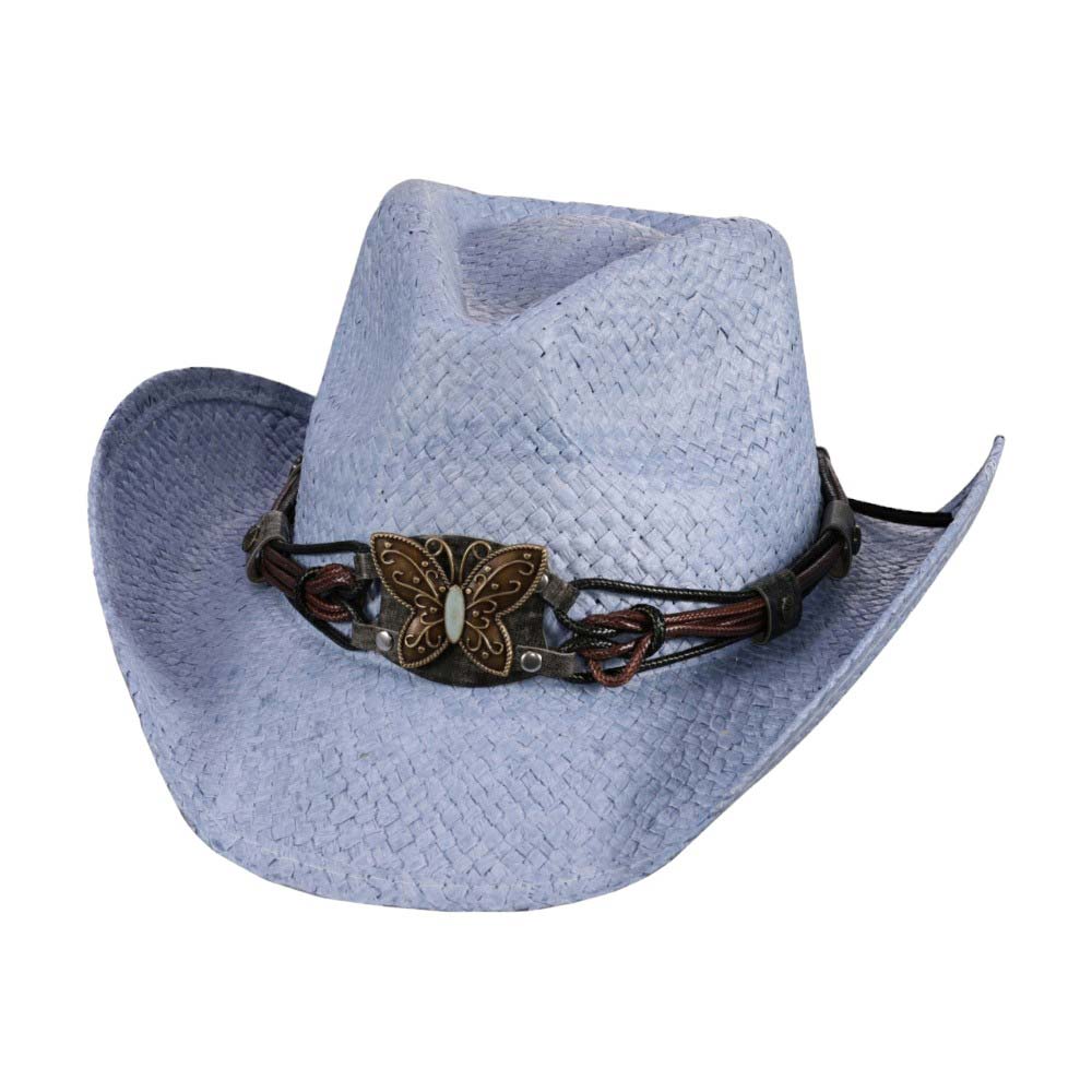 Blue Butterfly Accented Faux Leather Band Straw Cowboy Hat, This straw cowboy hat features a faux leather band adorned with beautiful butterfly accents. The combination of natural materials and elegant embellishments makes this hat a stylish and environmentally friendly accessory. Perfect gift idea for western lovers!