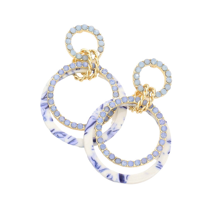 Tired of plain old earrings? Add some pizzazz to your look with these Blue Celluloid Acetate Rhinestone Embellished Open Circle Link Dangle Earrings! Embellished with rhinestones in open circles, these earrings are sure to sparkle. Perfect Birthday Gift, Anniversary Gift, Christmas Gift, Regalo Navidad, Regalo Cumpleanos